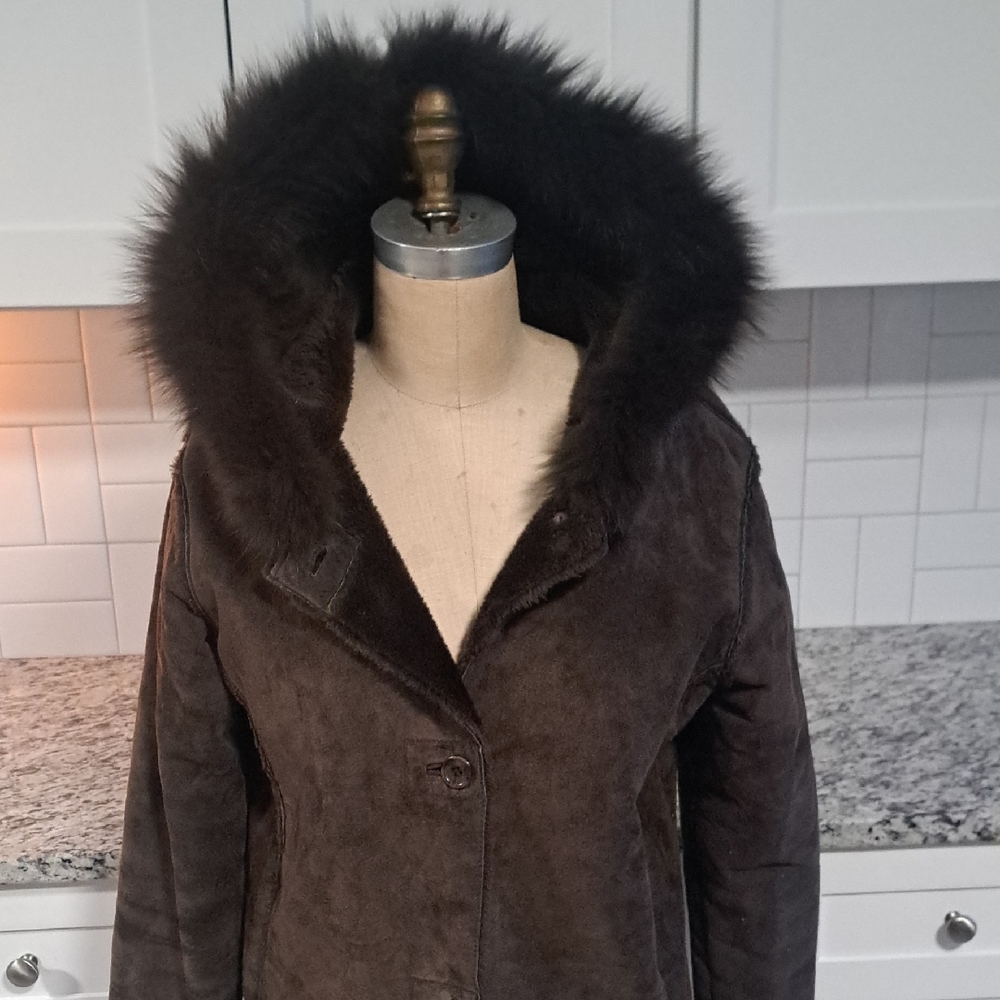 Suede Leather Talk of the Walk Brown Jacket Fur Hood